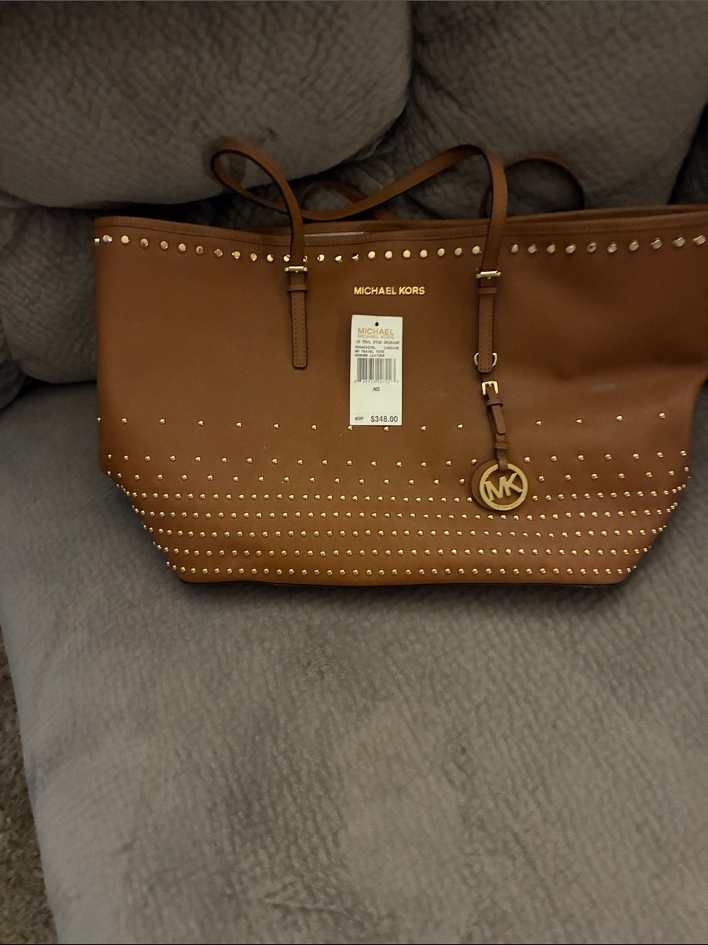 Michael Kors Cognac Studded Leather Tote with MK Charm